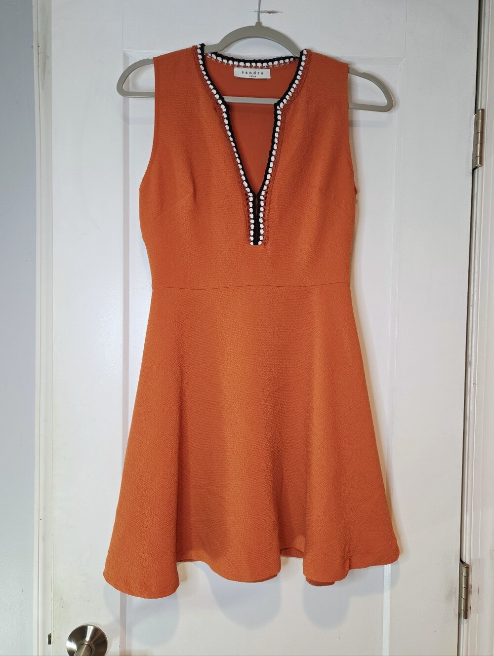 Sandro Orange V Neck Fit & Flare Mini Dress Contrast Crochet Trim Size 1